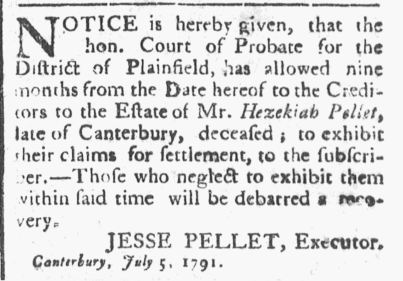 Hezekiah Pellet Estate Ad 1791